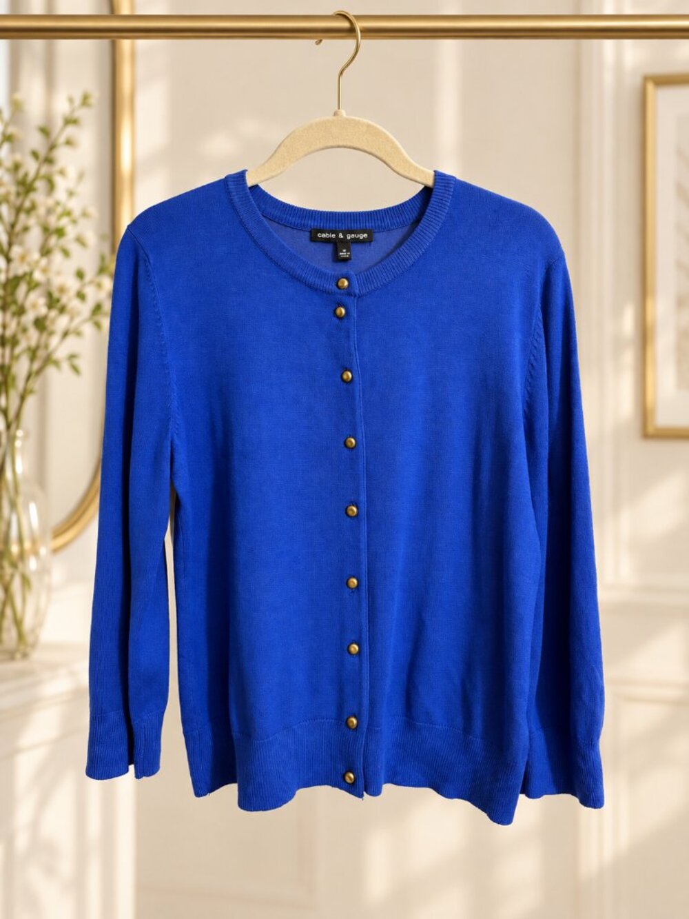 Cable & Gauge Cobalt Blue Gold Button Cardigan Sweater Size M